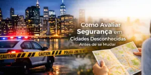 Cena urbana noturna com carro de polícia e linha de segurança ao lado de um rio