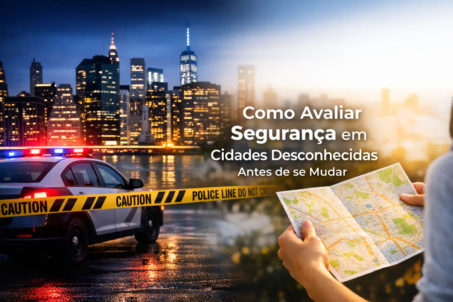 Cena urbana noturna com carro de polícia e linha de segurança ao lado de um rio