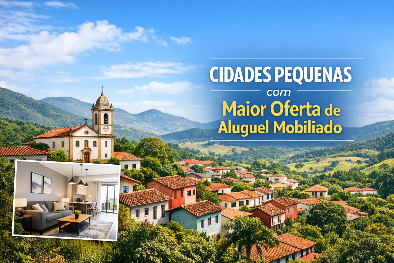 Pequena cidade em área montanhosa com casas coloridas e igreja, paisagem serena