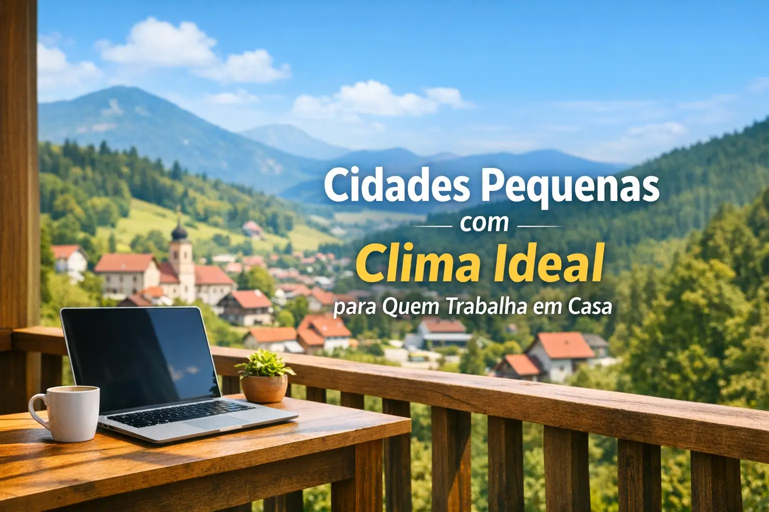 Varanda com laptop e vista para casas com telhados vermelhos nas montanhas
