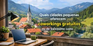 Vista de cidade pequena ao fundo e mesa com laptop, xícara e caderno