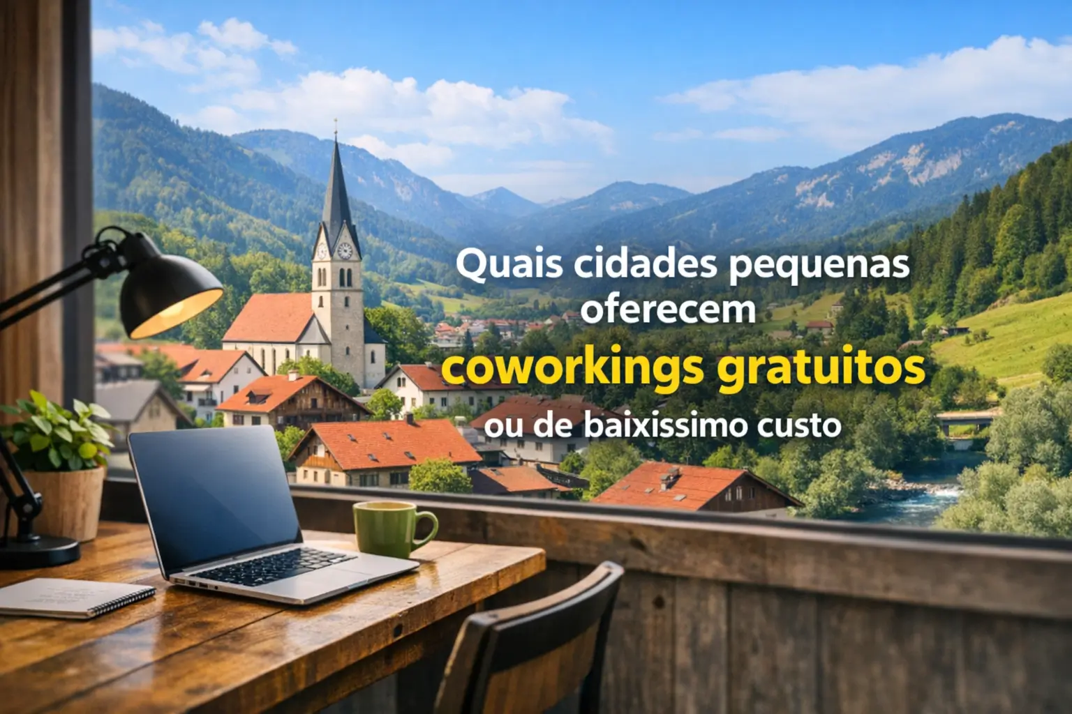 Vista de cidade pequena ao fundo e mesa com laptop, xícara e caderno