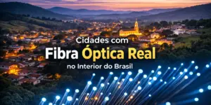 Cidade brasileira com fibra óptica real, igrejas e montanhas ao fundo