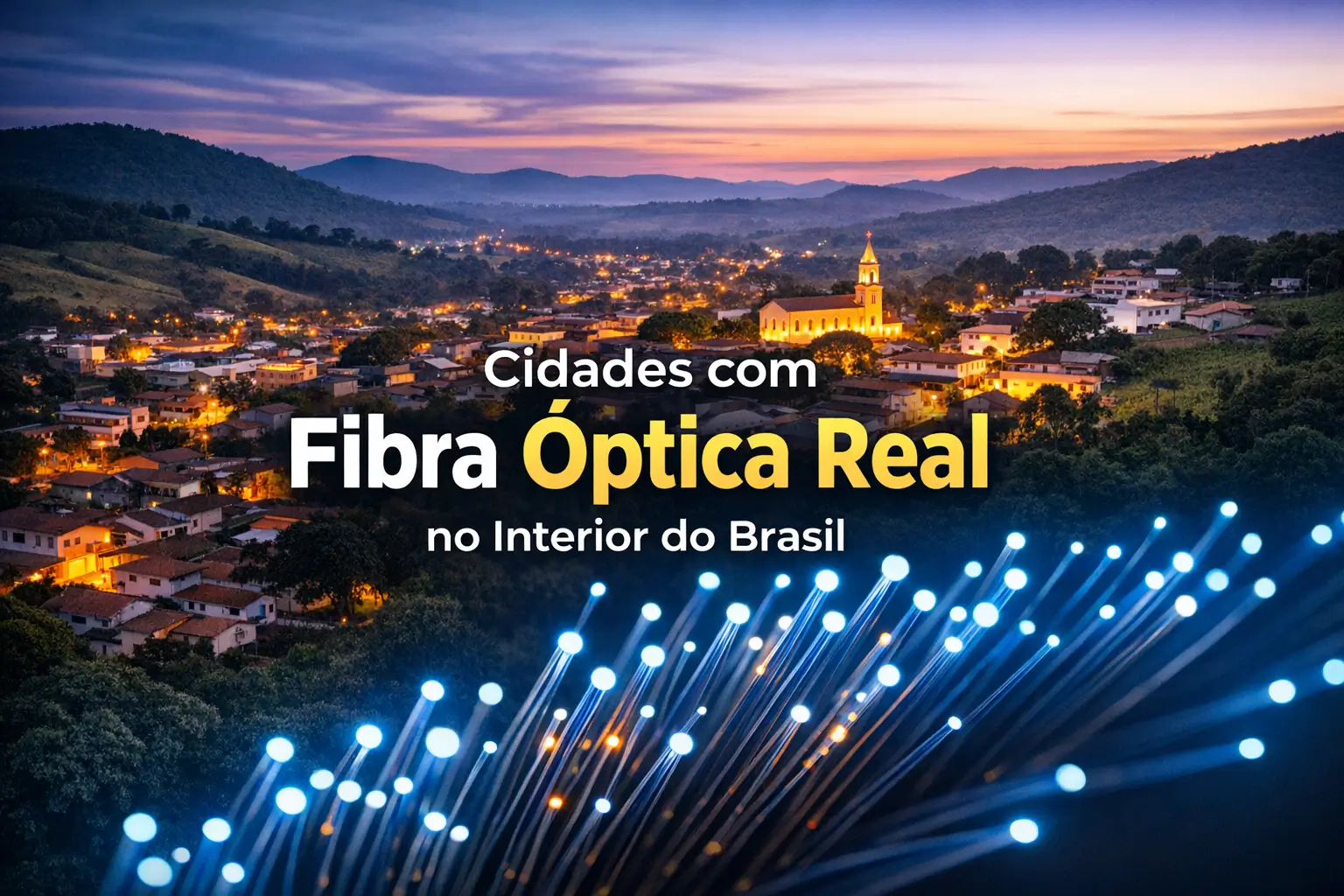 Cidade brasileira com fibra óptica real, igrejas e montanhas ao fundo