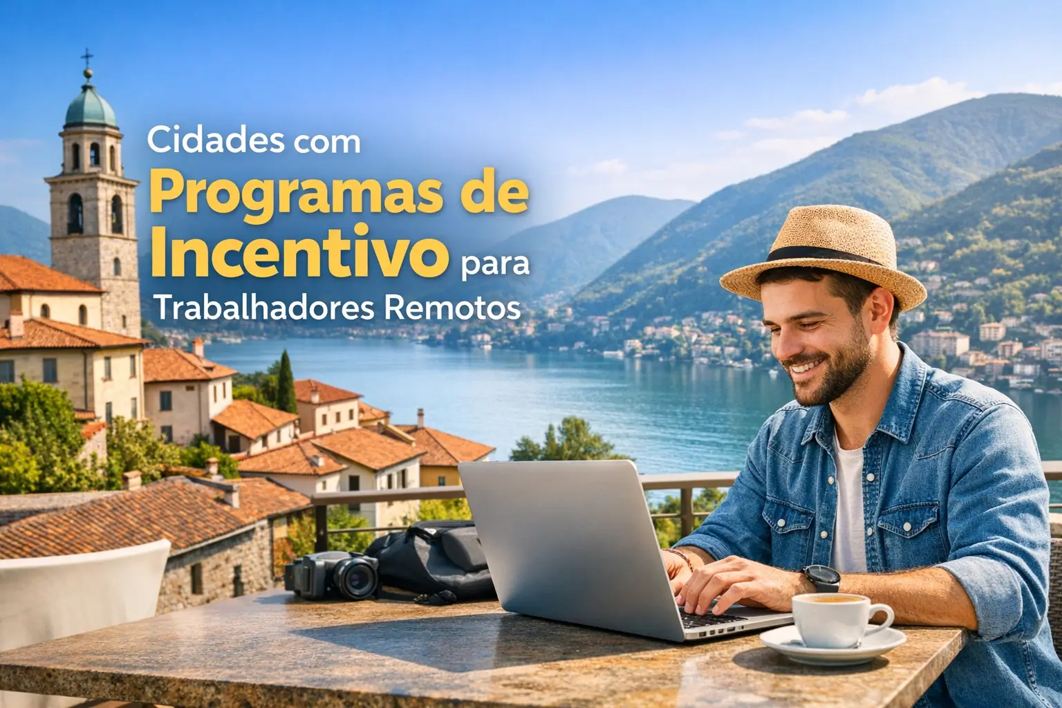 Homem trabalhando remotamente à beira de um lago com montanhas ao fundo