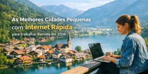 Mulher no lago, laptop e café com montanhas ao fundo em cidades remotas 2026
