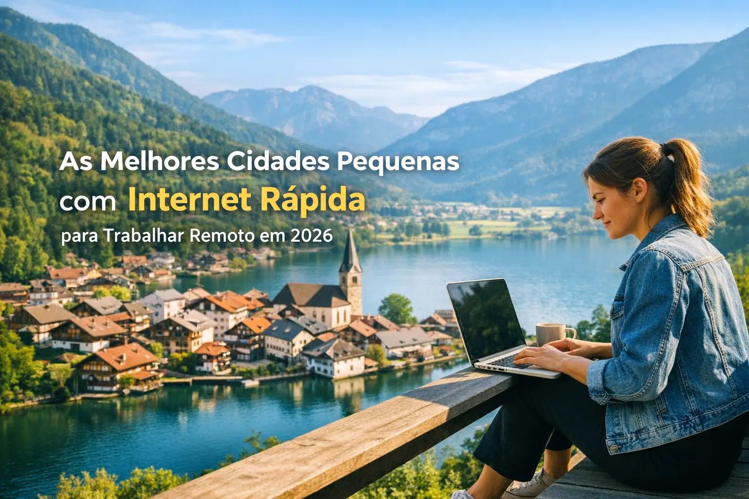 Mulher no lago, laptop e café com montanhas ao fundo em cidades remotas 2026