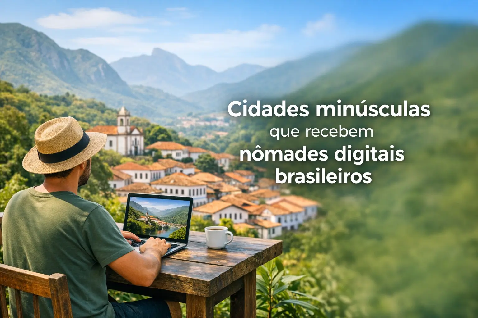 Pessoa trabalhando em laptop ao ar livre com vista para cidade em montanhas verdes, 2026.