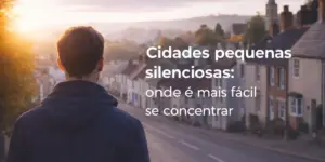 Cidade tranquila ao amanhecer com árvores e colinas ao fundo