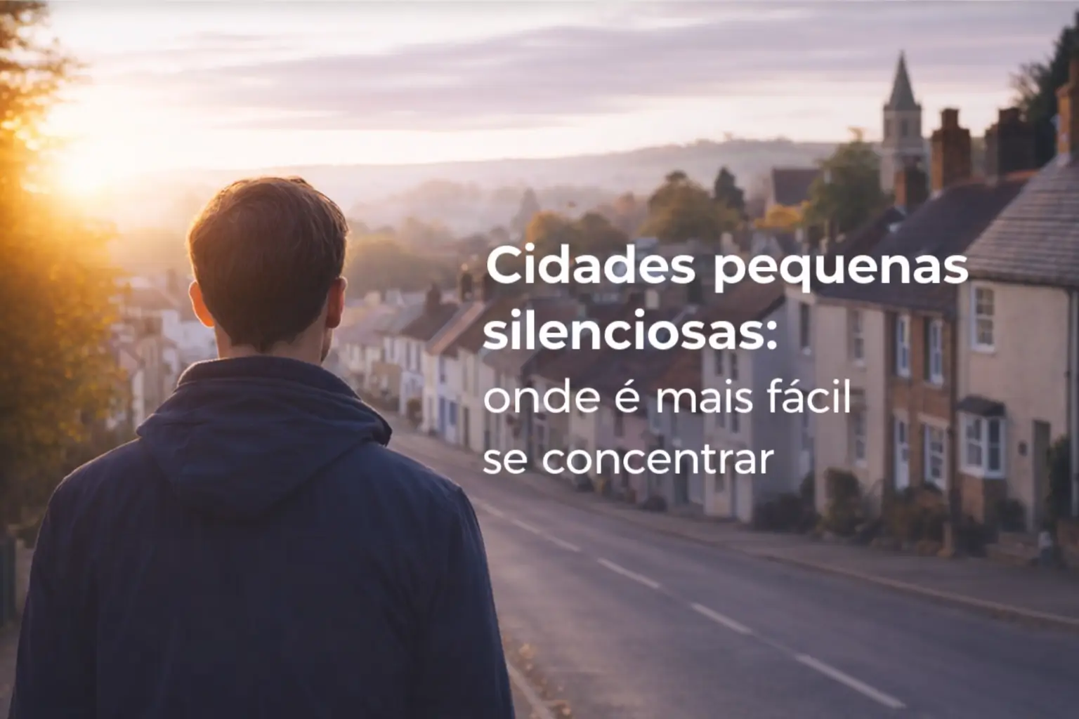 Cidade tranquila ao amanhecer com árvores e colinas ao fundo