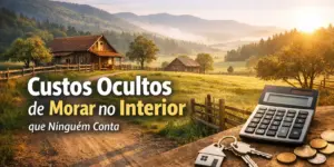 Casa de madeira e campos verdes com itens financeiros destacando custos de morar no interior