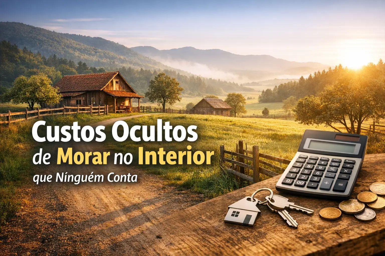 Casa de madeira e campos verdes com itens financeiros destacando custos de morar no interior