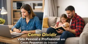 Mulher estudando e família lendo juntos em casa pequena, interior Brasil