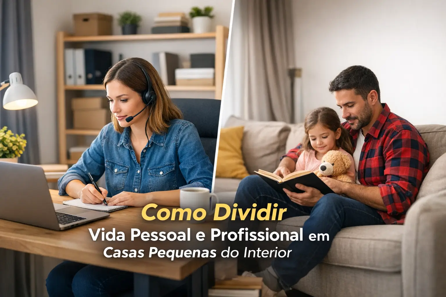 Mulher estudando e família lendo juntos em casa pequena, interior Brasil