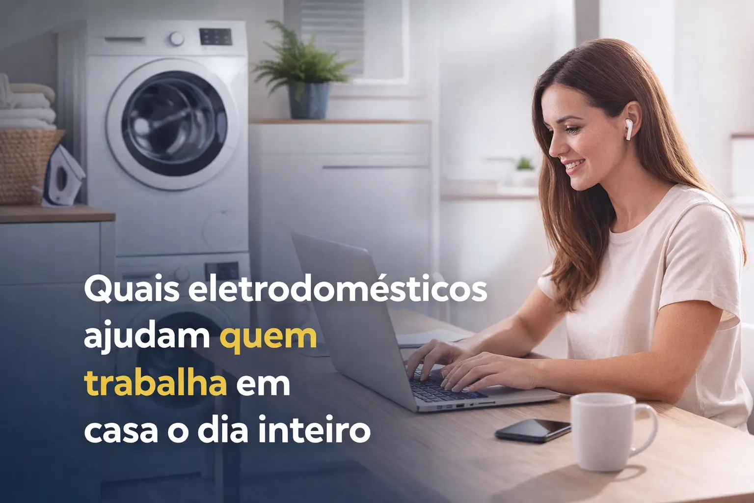 Mulher usando laptop com fones em casa moderna, praticidade e foco