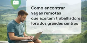 Homem jovem trabalha remotamente em um laptop com cenário de natureza ao fundo