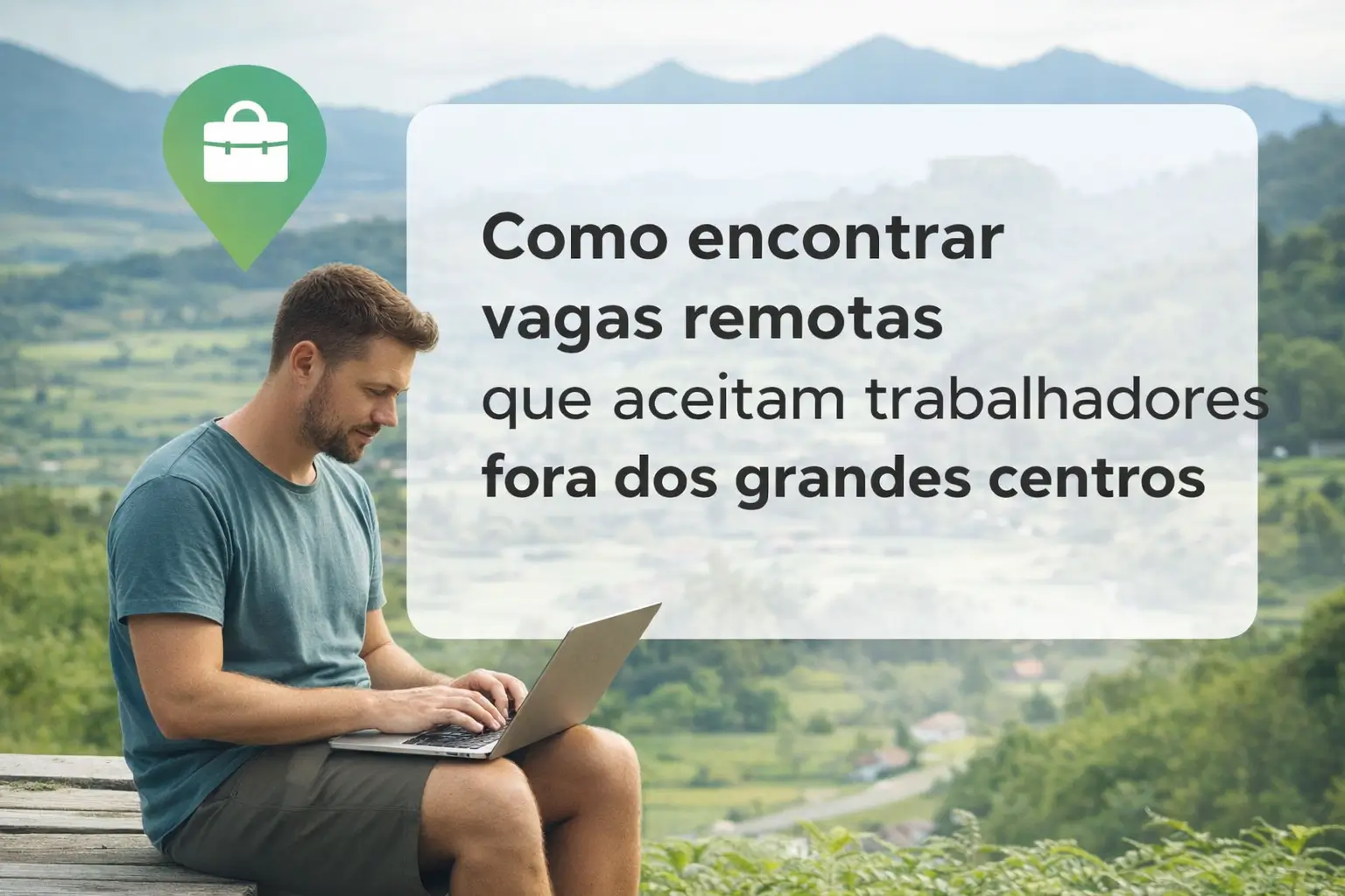 Homem jovem trabalha remotamente em um laptop com cenário de natureza ao fundo