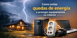 Casa de madeira cercada por montanhas durante tempestade com UPS, laptop e outros dispositivos elétricos.
