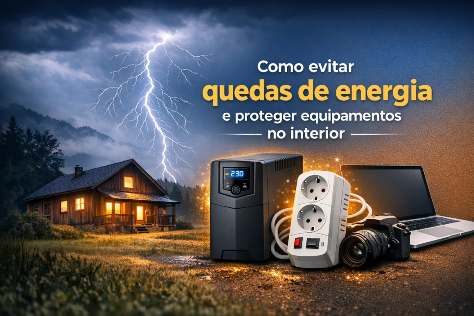 Casa de madeira cercada por montanhas durante tempestade com UPS, laptop e outros dispositivos elétricos.