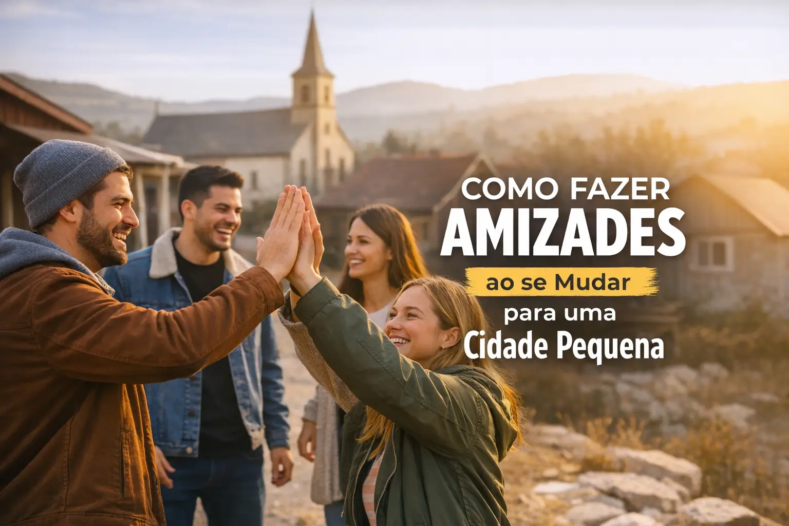 Jovens ao ar livre comemorando, com uma igreja e colinas ao fundo ao pôr do sol