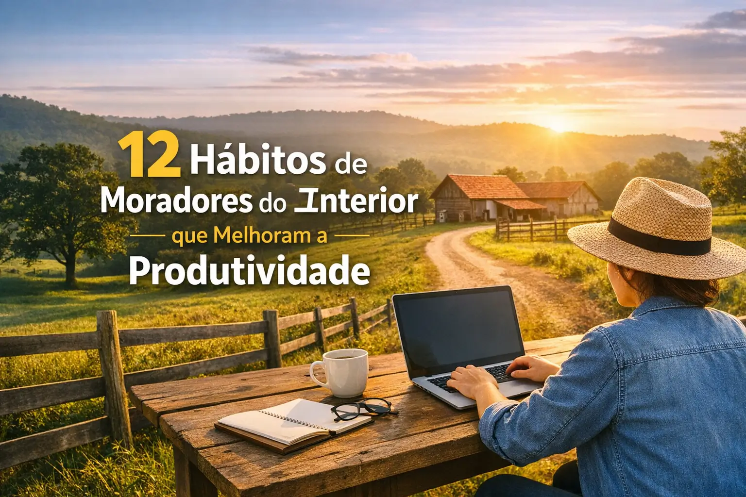 Pessoa com chapéu de palha usa laptop ao ar livre em mesa de madeira, com nascer do sol ao fundo.