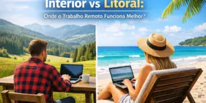 Homem em área verde e mulher na praia, ambos trabalhando remotamente em laptops.