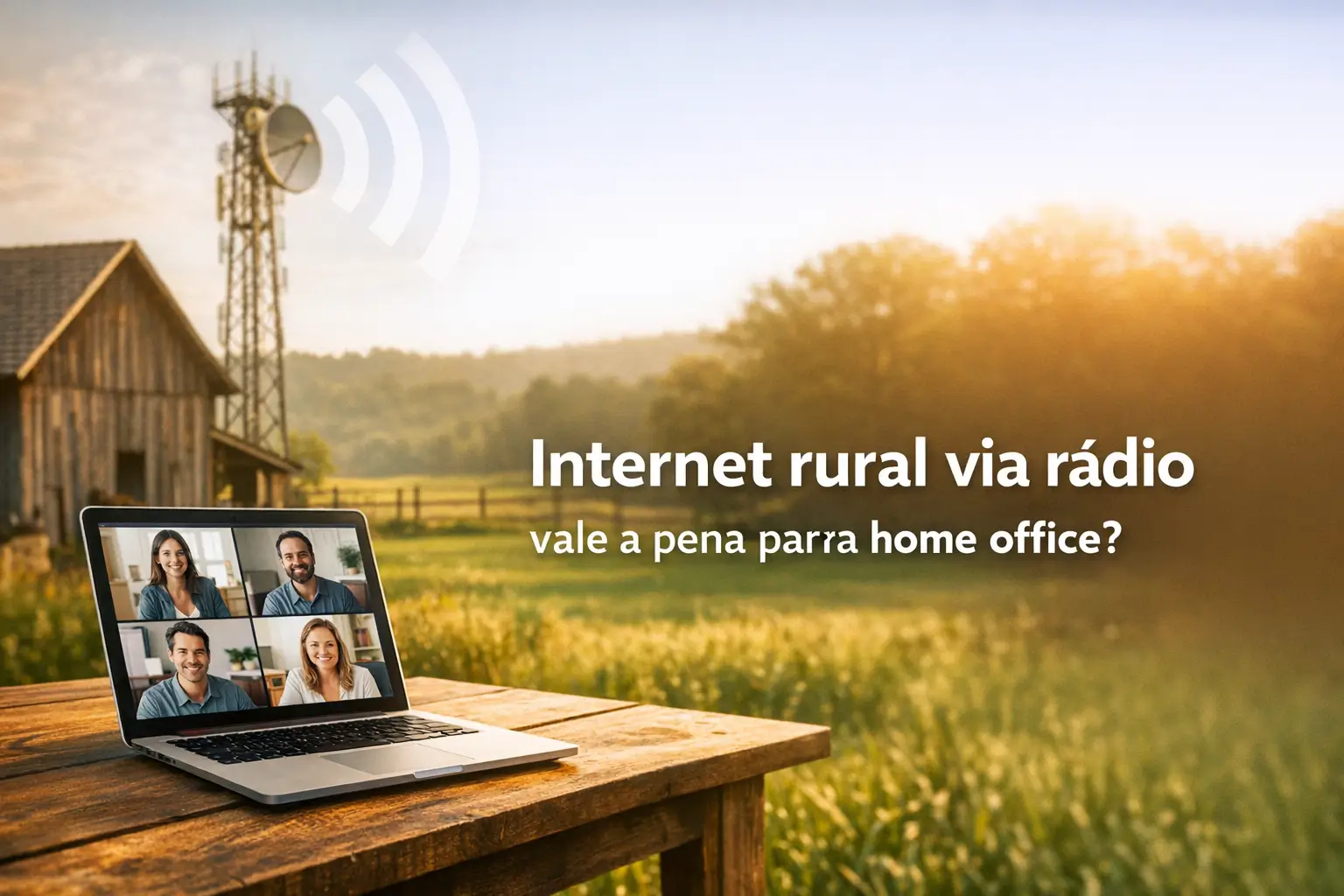 Laptop em mesa rural exibindo chamada de vídeo com pessoas sorridentes, texto: 'Internet rural via rádio vale a pena para home office?'.