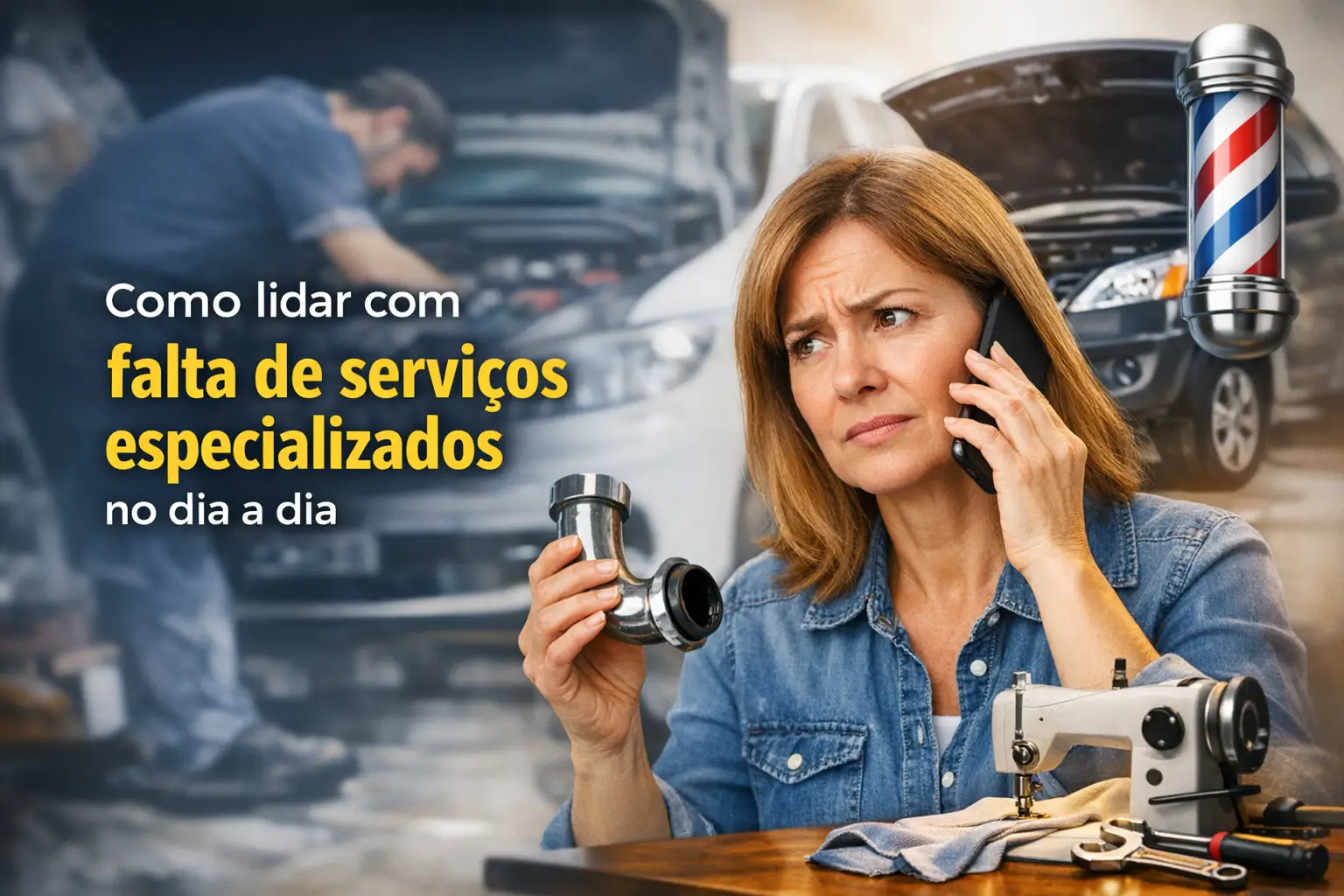 Mulher preocupada ao telefone com peça de encanamento na mão e máquina de costura na mesa