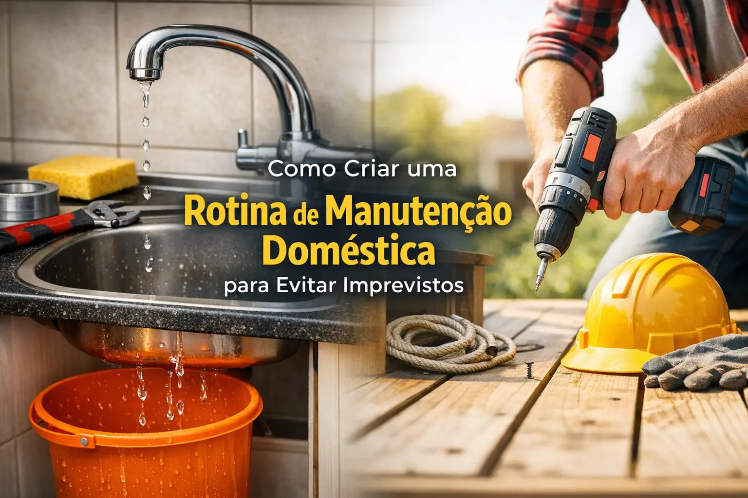 Faucet with dripping water into a bucket and person using a drill for maintenance