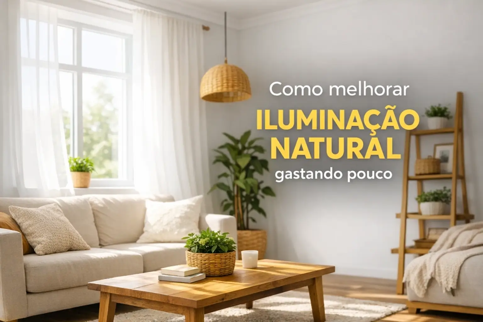 Sala de estar iluminada com sofá bege, mesa de madeira e plantas.