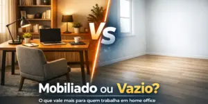 Espaço de trabalho comparado: lado mobiliado e lado vazio, destacando benefícios.