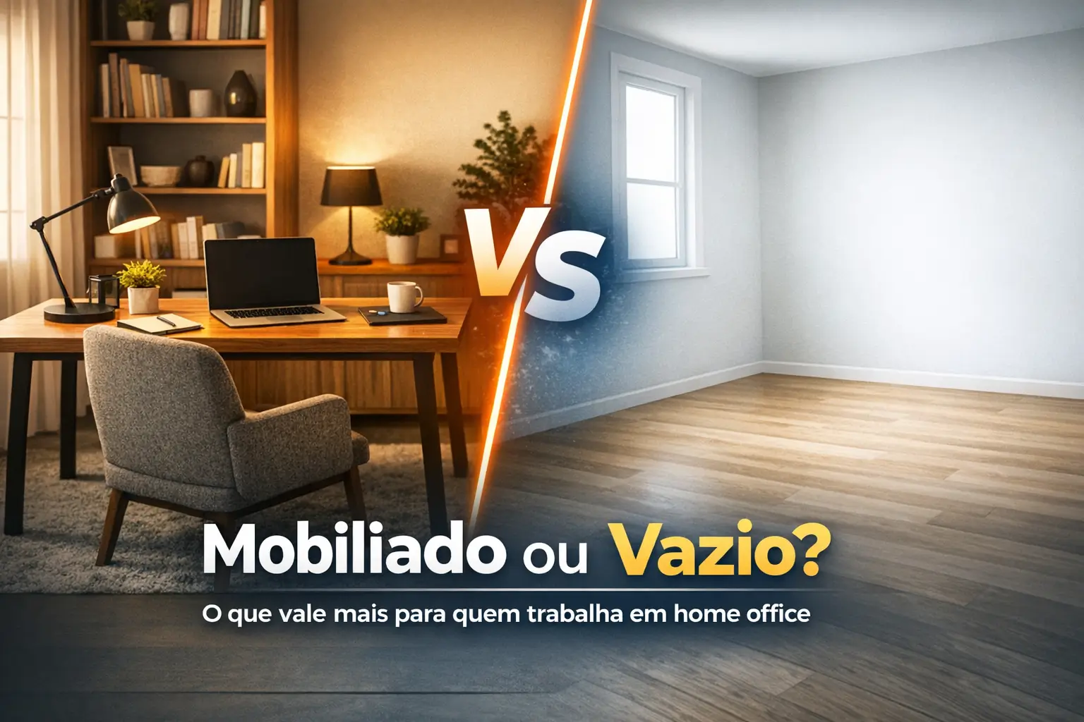 Espaço de trabalho comparado: lado mobiliado e lado vazio, destacando benefícios.