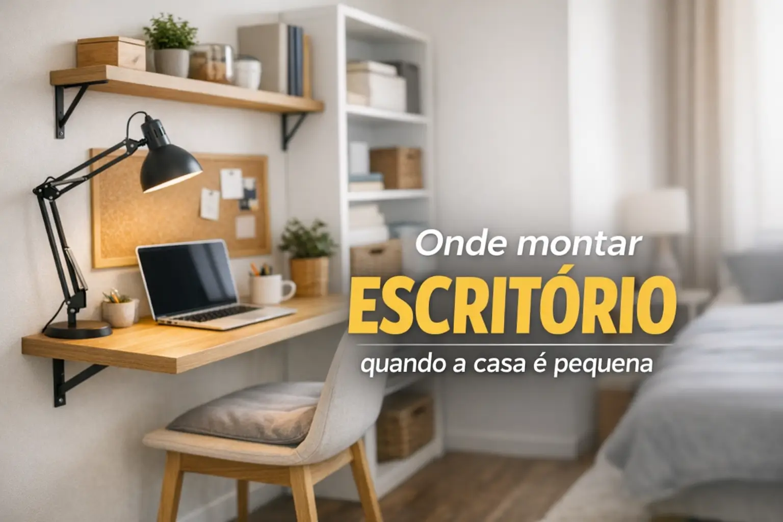Escritório moderno e aconchegante com laptop, ideal para casas pequenas.