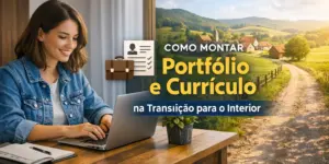Mulher feliz digitando em laptop com paisagem no interior ao fundo