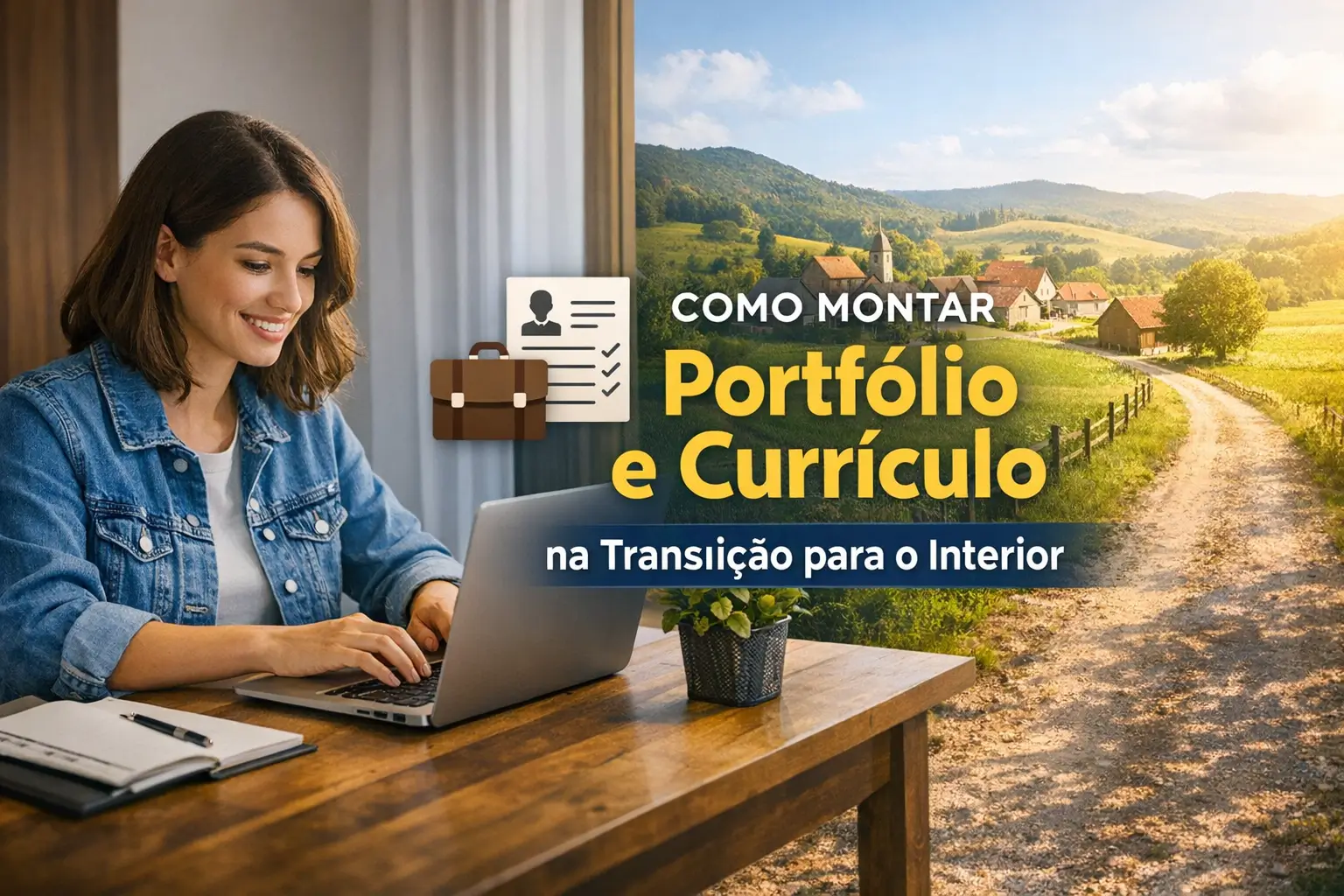 Mulher feliz digitando em laptop com paisagem no interior ao fundo