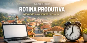 Notebook em ambiente ao ar livre com vista para cidade pequena e colinas