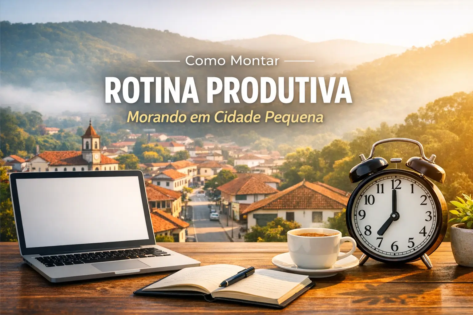 Notebook em ambiente ao ar livre com vista para cidade pequena e colinas