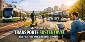 Homem trabalhando remotamente em um banco com transporte sustentável ao fundo