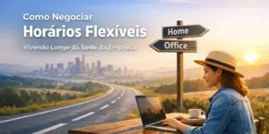 Mulher em ambiente externo negocia horários flexíveis no laptop.