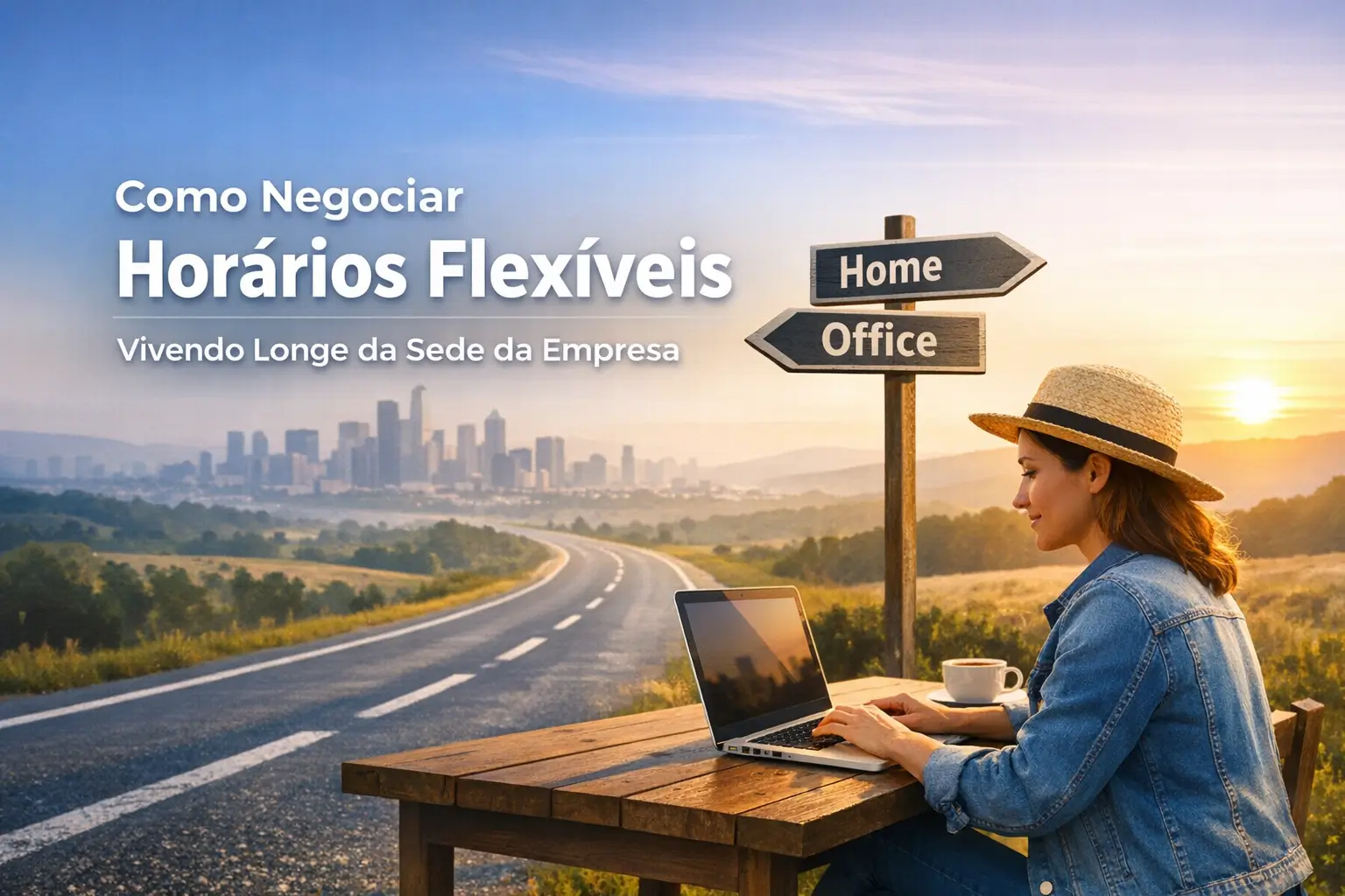 Mulher em ambiente externo negocia horários flexíveis no laptop.