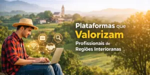 Homem jovem em região rural, com laptop e ícones de tecnologia ao fundo.