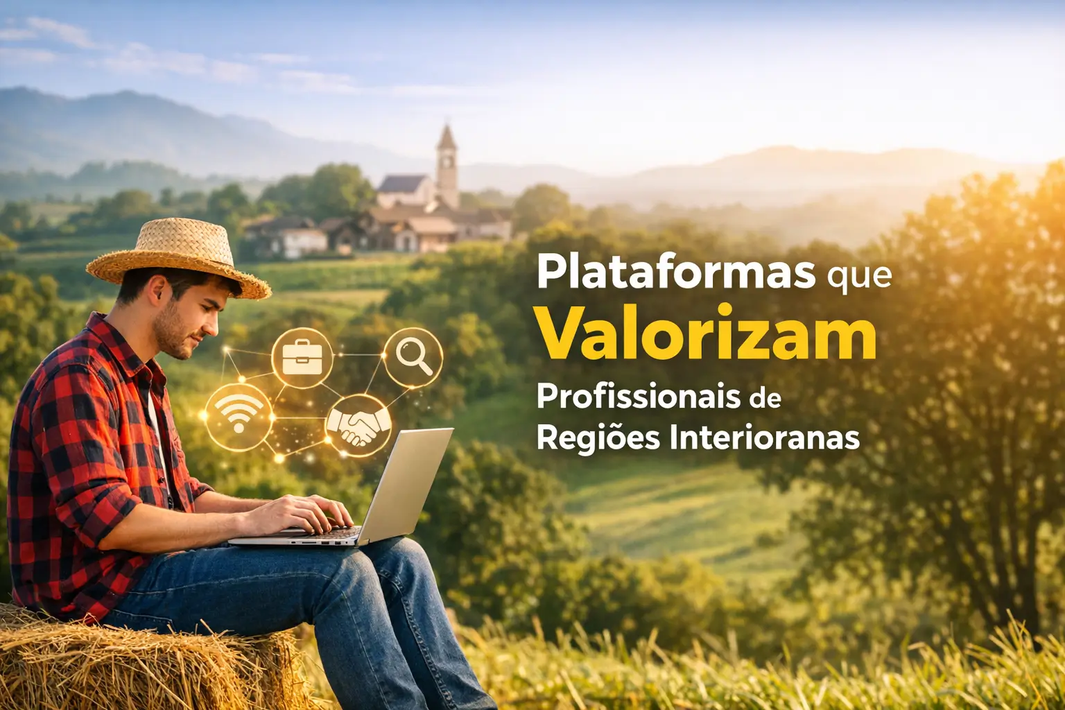 Homem jovem em região rural, com laptop e ícones de tecnologia ao fundo.