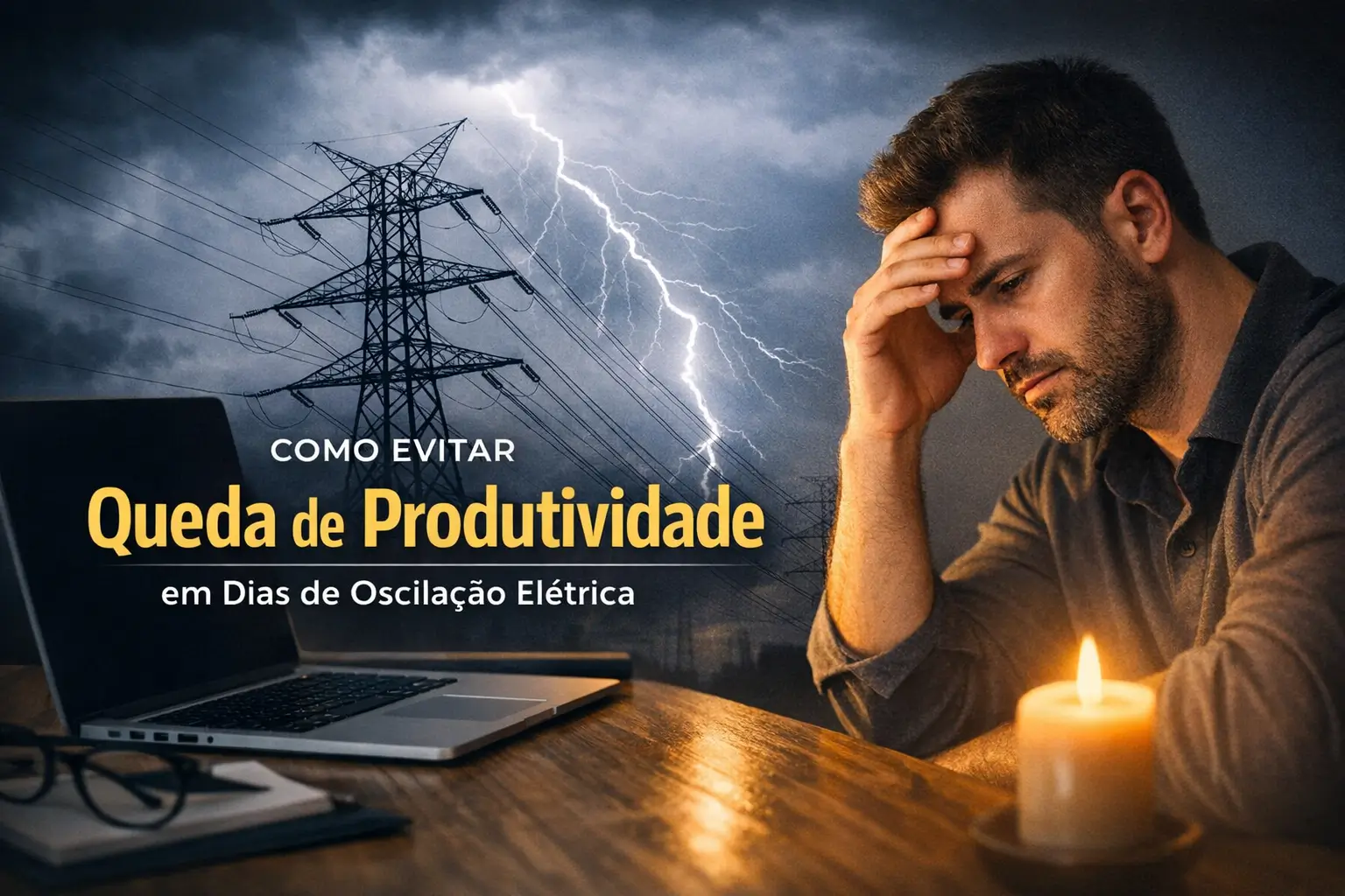 Homem preocupado com laptop em mesa e vela acesa durante oscilação elétrica