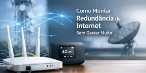 Roteador e modem 4G LTE em mesa com torre de telecomunicações ao fundo