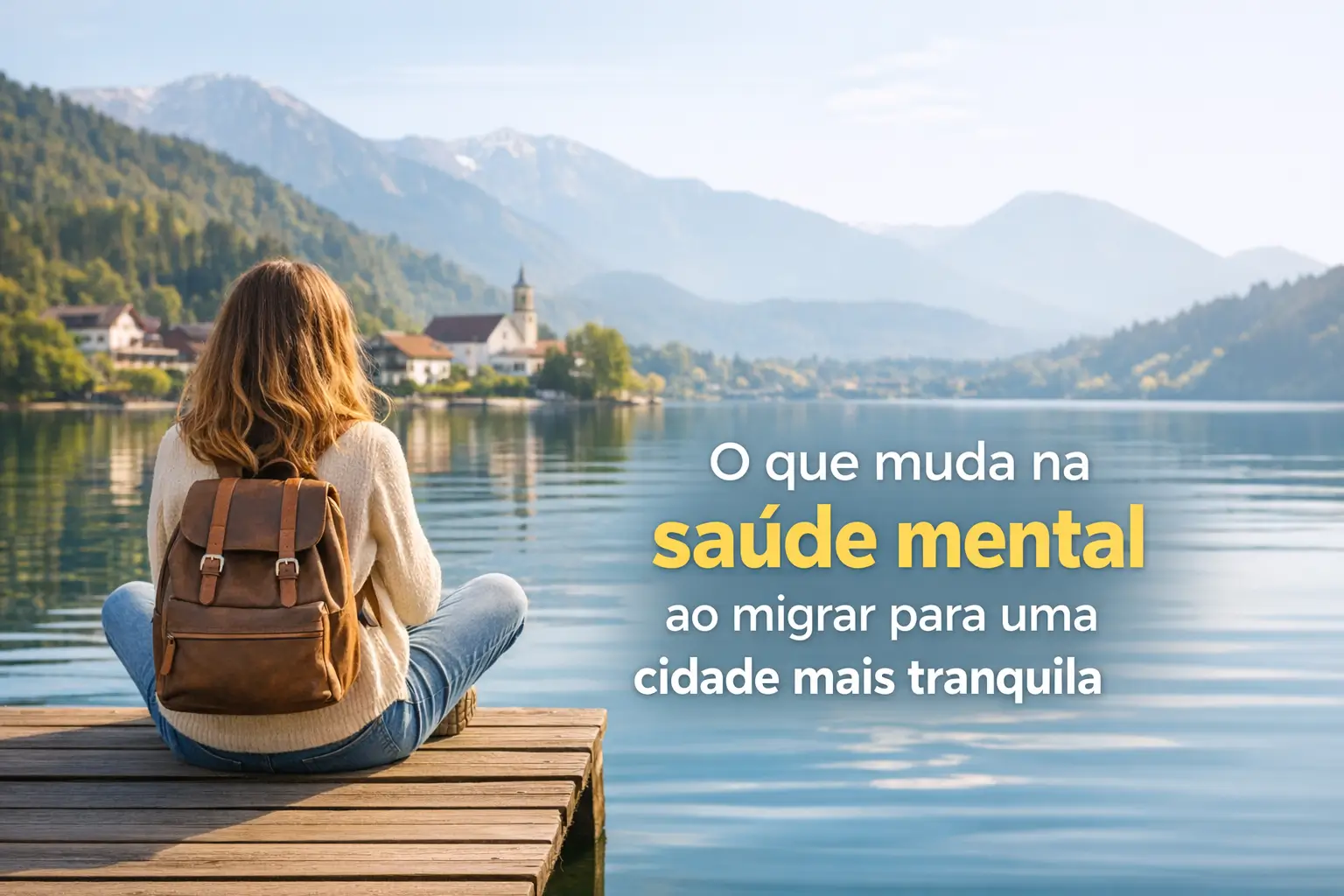 Mulher em um píer com lago tranquilo ao fundo simbolizando impacto da mudança para cidade tranquila.