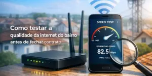 Celular testa internet com 82.5 Mbps ao lado de roteador e lupa; bairro ao fundo.