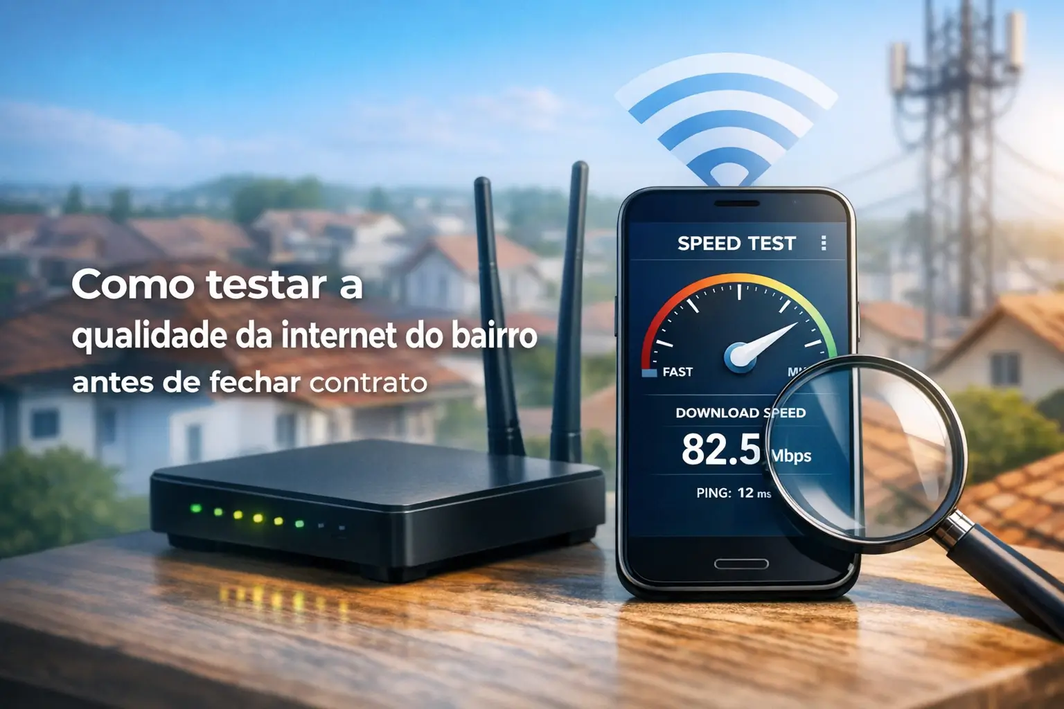 Celular testa internet com 82.5 Mbps ao lado de roteador e lupa; bairro ao fundo.