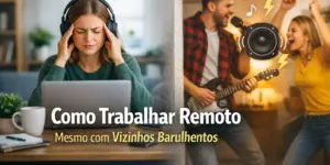 Mulher estressada e homem tocando violão ilustram trabalho remoto com vizinhos barulhentos.