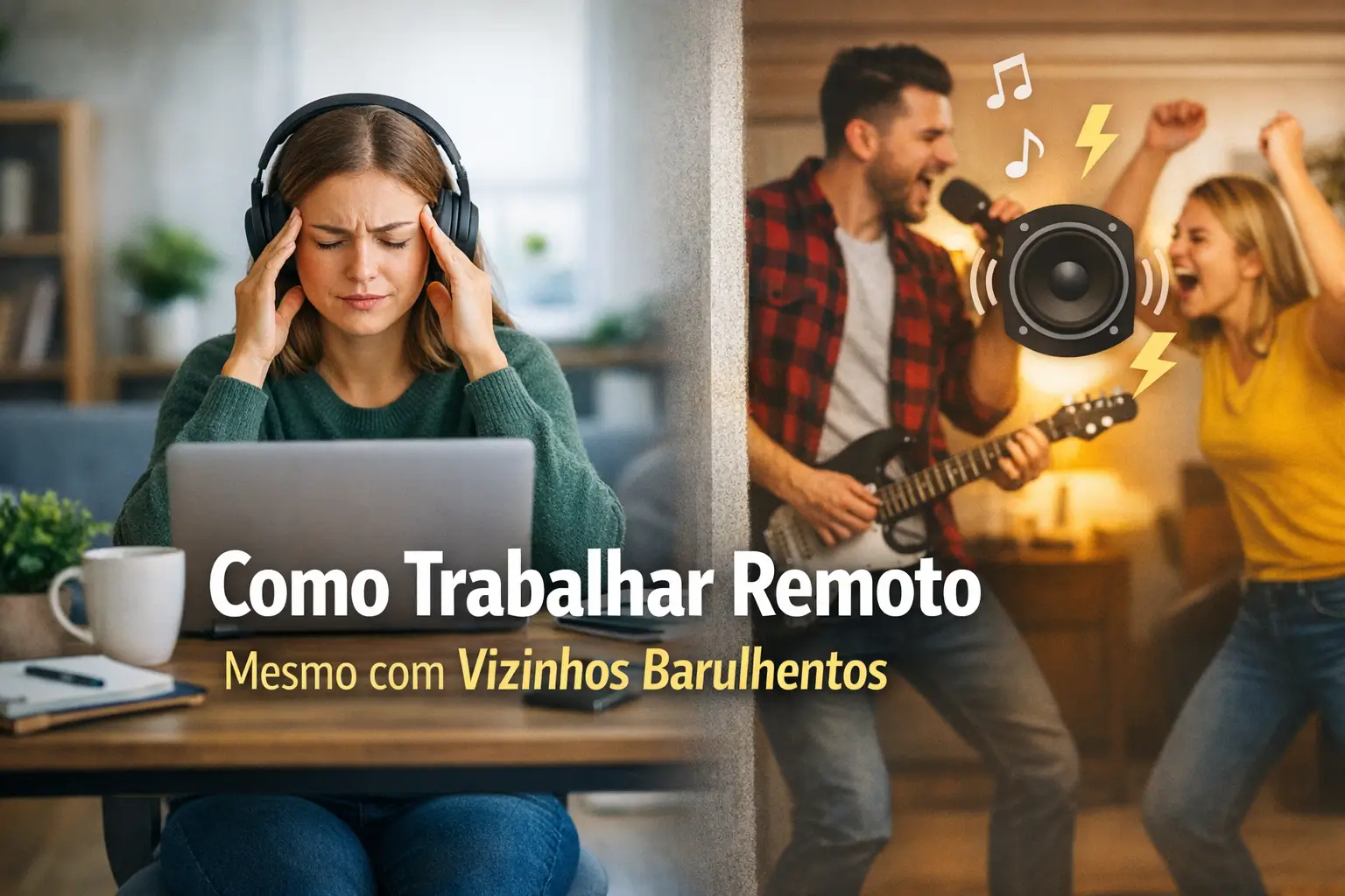 Mulher estressada e homem tocando violão ilustram trabalho remoto com vizinhos barulhentos.